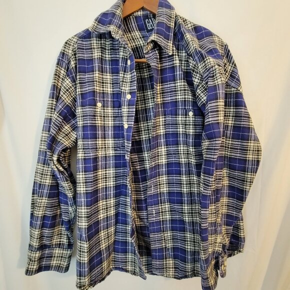 Men's GAP Heavy Flannel Blue Plaid Button Down Long Sleeve Shirt L - Picture 1 of 4